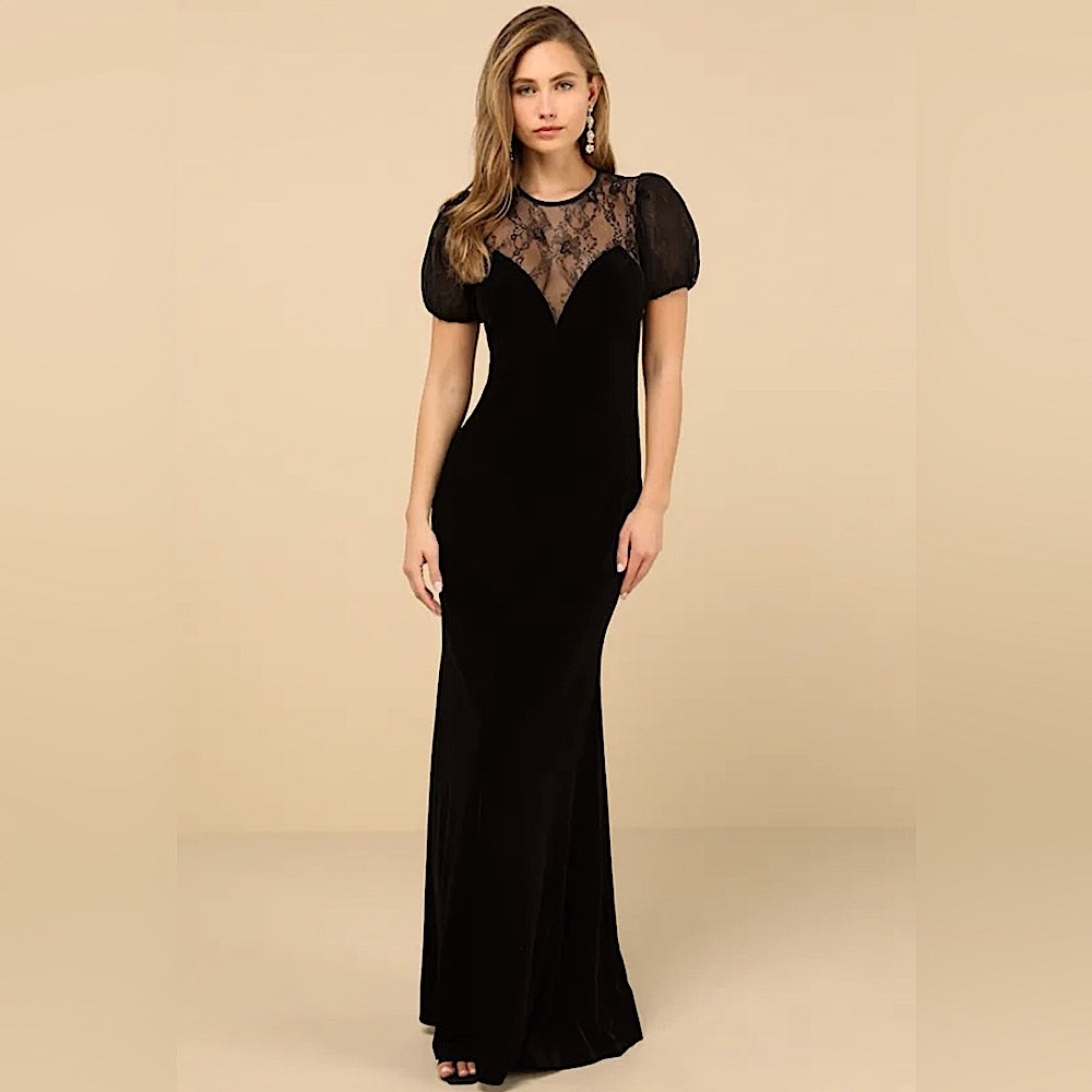 LuLu’s “Alluring Event” Black Velvet/Lace Puff-Sleeve Maxi Dress - size M